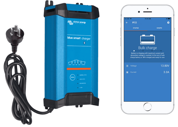 Blue smart battery charger with AU power plug and smartphone app interface