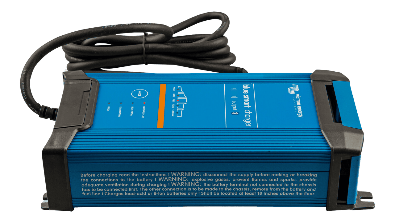 Side view of the Victron Blue Smart IP22 charger with safety warning text and blue aluminium casing