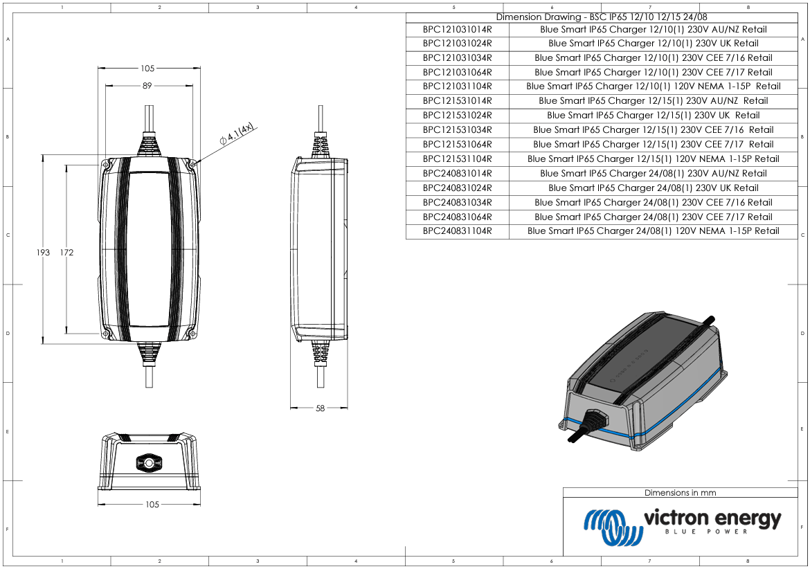 Technical dimensional drawing of the 12V 15A charger showing dimensions in millimetres