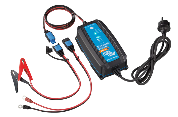 Blue Smart IP65 24V 8A battery charger with AU/NZ plug and quick-connect DC accessories