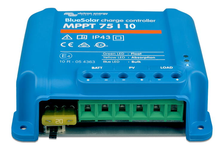 Angled view of BlueSolar charge controller highlighting terminal blocks and internal fuse