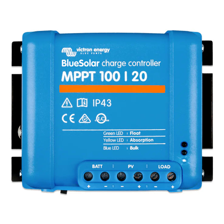 Front view of Victron BlueSolar MPPT 100/20 solar charge controller with LED status indicators and terminal labels