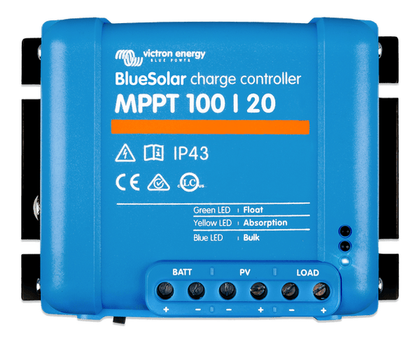 Front view of Victron BlueSolar MPPT 100/20 solar charge controller with LED status indicators and terminal labels