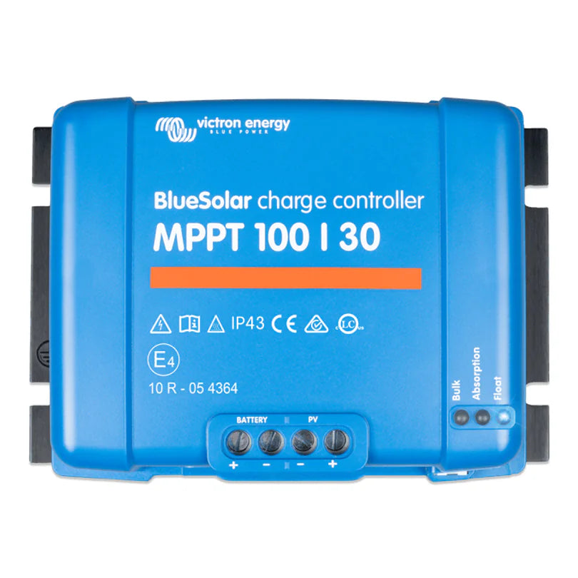 Front view of blue Victron BlueSolar MPPT 100/30 solar charge controller with terminal ports and status LEDs