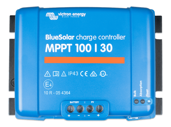 Front view of blue Victron BlueSolar MPPT 100/30 solar charge controller with terminal ports and status LEDs