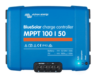 Top-down view of BlueSolar MPPT 100/50 solar charge controller showing status lights and terminals