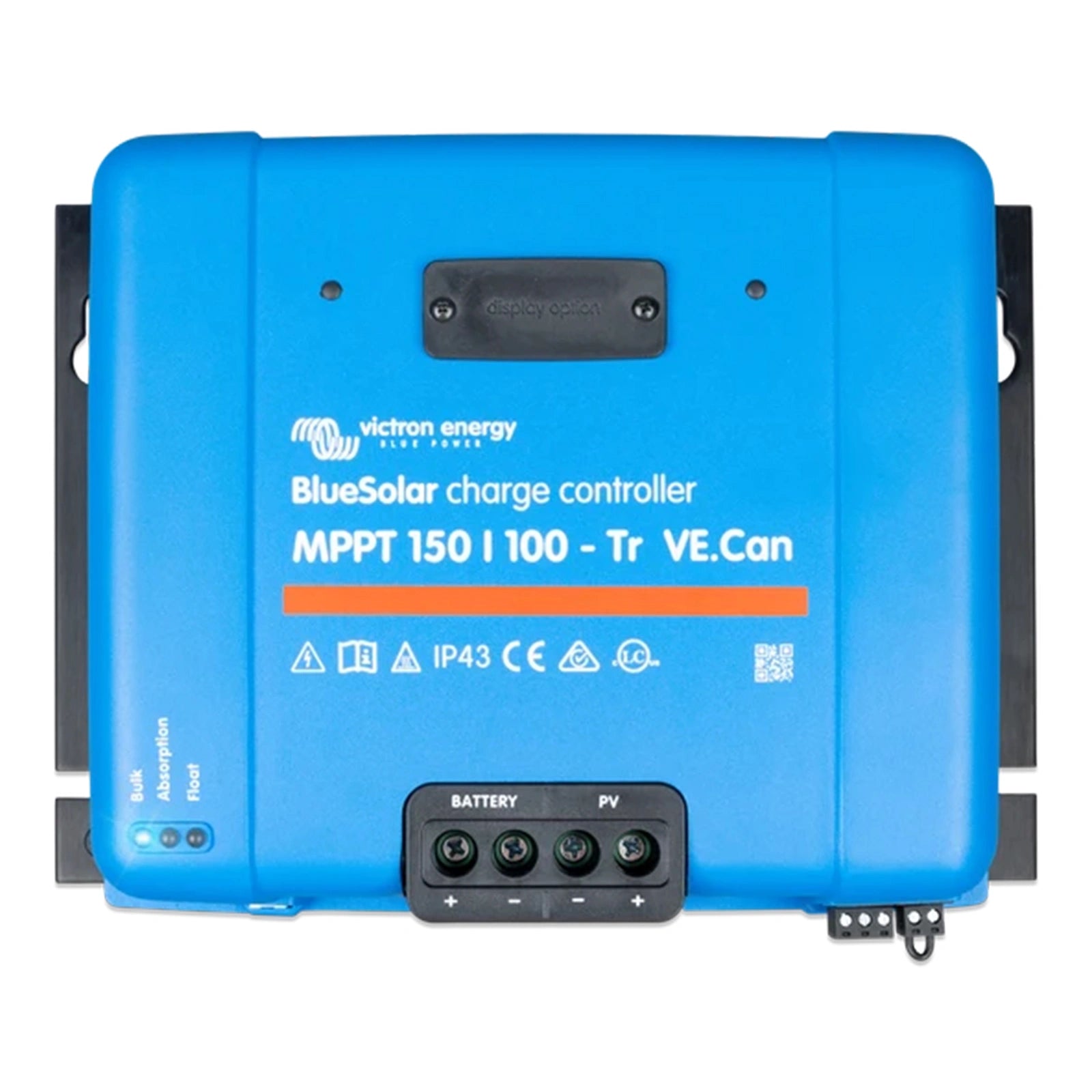 Front view of a blue Victron BlueSolar MPPT 150/100-Tr charge controller with status LEDs