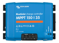 Front view of blue Victron BlueSolar MPPT 150/35 solar controller with status LEDs and power terminals
