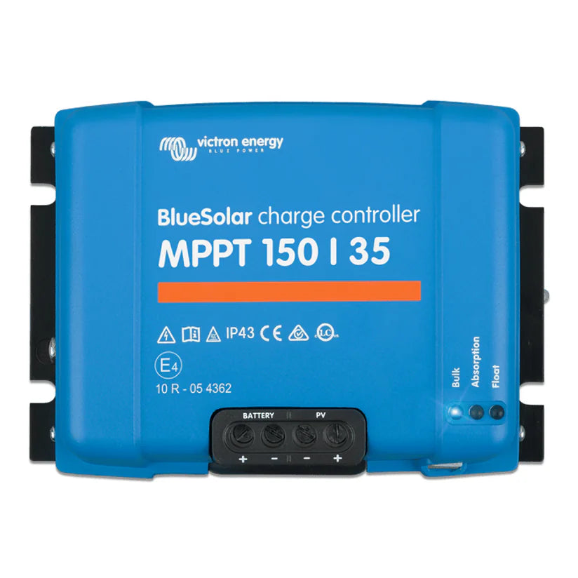 Front view of blue Victron BlueSolar MPPT 150/35 solar controller with status LEDs and power terminals