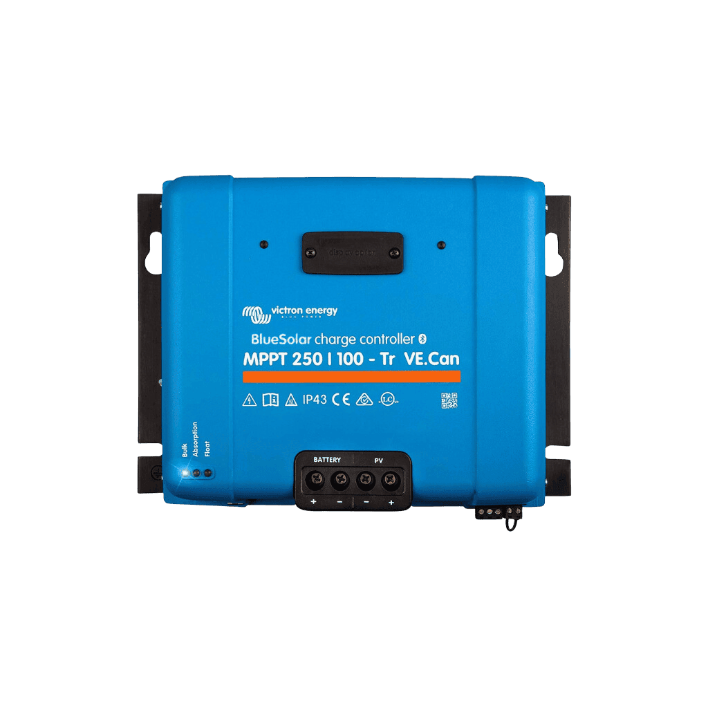 Front view of Victron BlueSolar MPPT 250/100 solar charge controller with terminal covers
