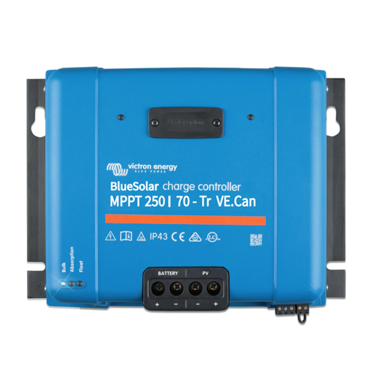Front view of BlueSolar MPPT 250/70 solar charge controller showing interface and terminals