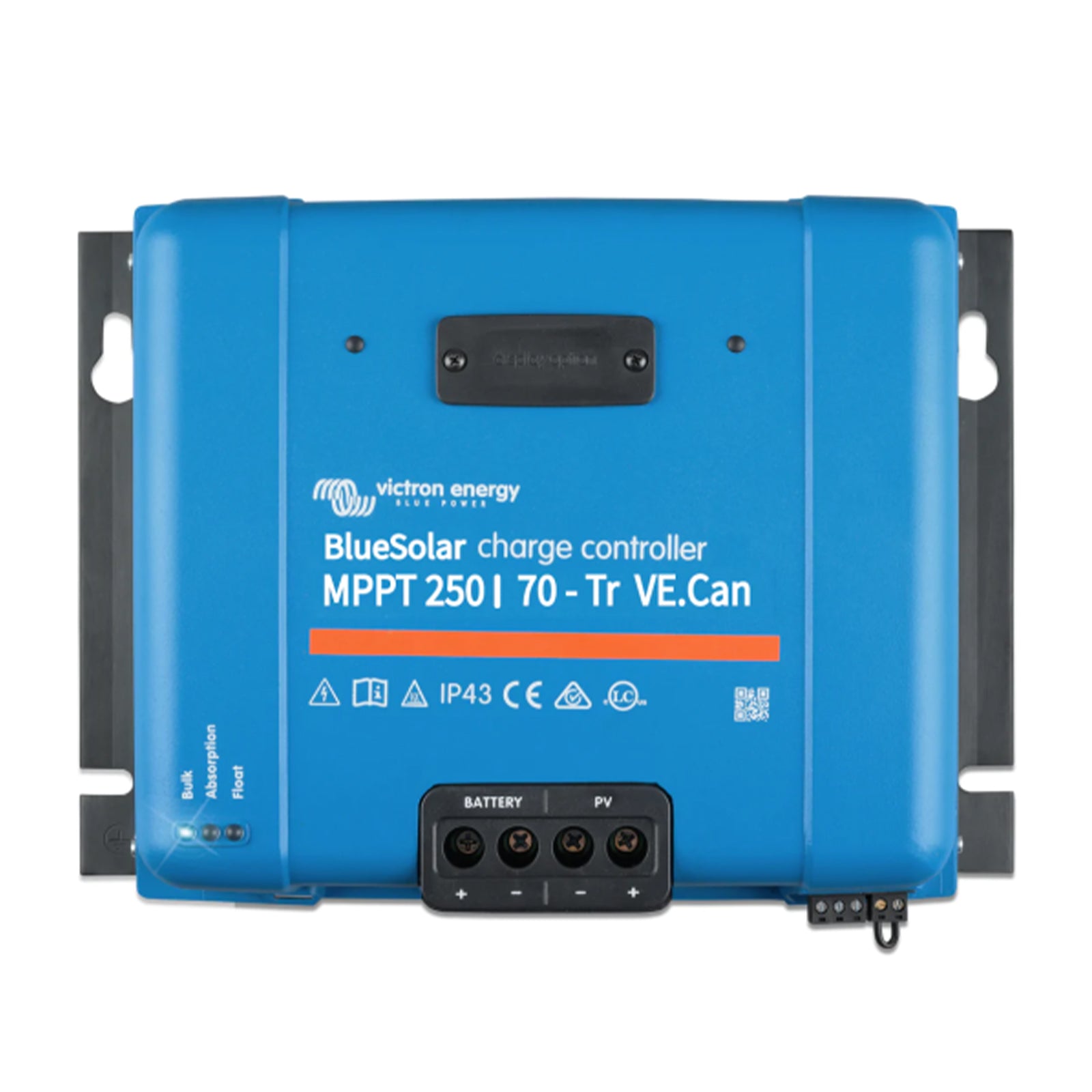 Front view of BlueSolar MPPT 250/70 solar charge controller showing interface and terminals