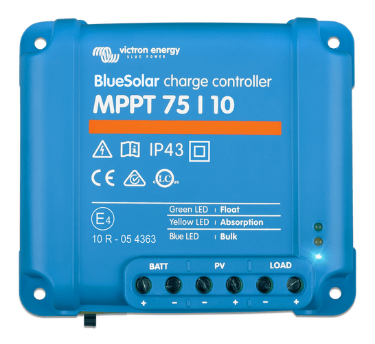 Front view of blue Victron BlueSolar MPPT 75/10 solar charge controller with terminal labels