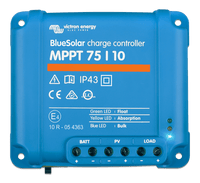 Front view of blue Victron BlueSolar MPPT 75/10 solar charge controller with terminal labels