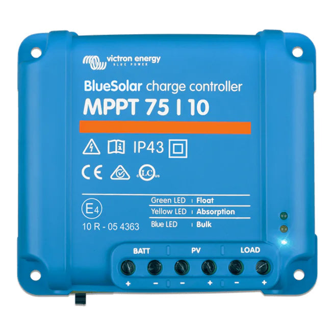 Front view of blue Victron BlueSolar MPPT 75/10 solar charge controller with terminal labels
