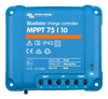Front view of blue Victron BlueSolar MPPT 75/10 solar charge controller with terminal labels