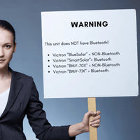 Warning sign held by a person clarifying that BlueSolar models do not have Bluetooth connectivity