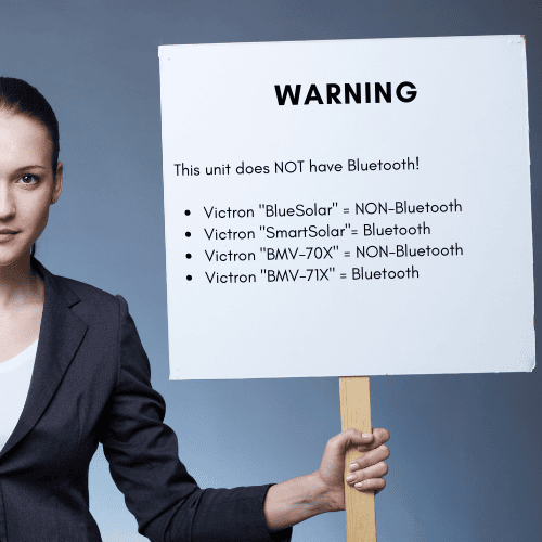 Warning sign explaining the difference between BlueSolar and SmartSolar Bluetooth capabilities