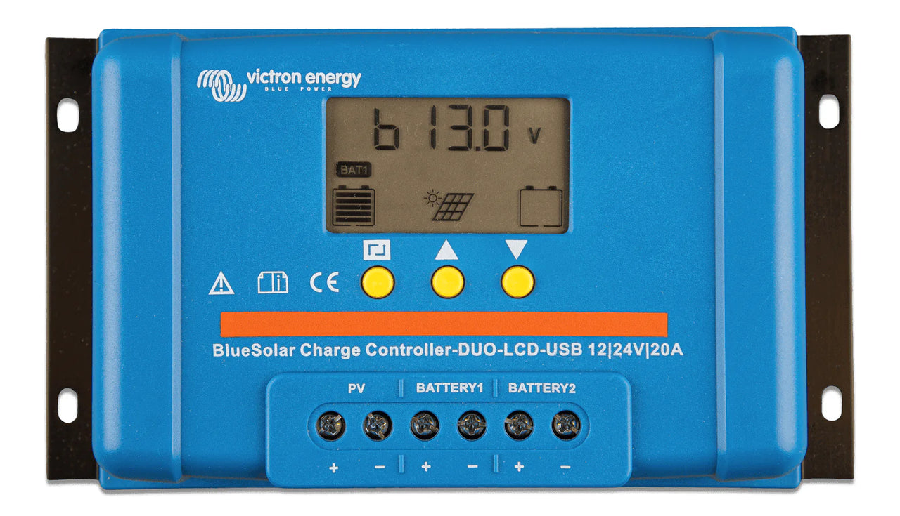 Front view of Victron BlueSolar PWM-DUO charge controller with LCD display and terminal ports