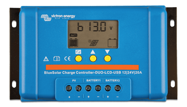 Front view of Victron BlueSolar PWM-DUO charge controller with LCD display and terminal ports