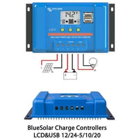 Front and perspective views of a blue Victron solar charge controller with LCD and dual USB ports plus wiring diagram