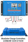 Front and perspective views of a blue Victron solar charge controller with LCD and dual USB ports plus wiring diagram