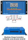 BlueSolar PWM solar charge controller featuring LCD screen, dual USB ports, and screw terminals for wiring