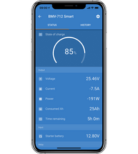Smartphone screen showing VictronConnect app interface with battery status and real-time data
