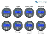 Multiple screen views showing voltage, current, state of charge, and history data