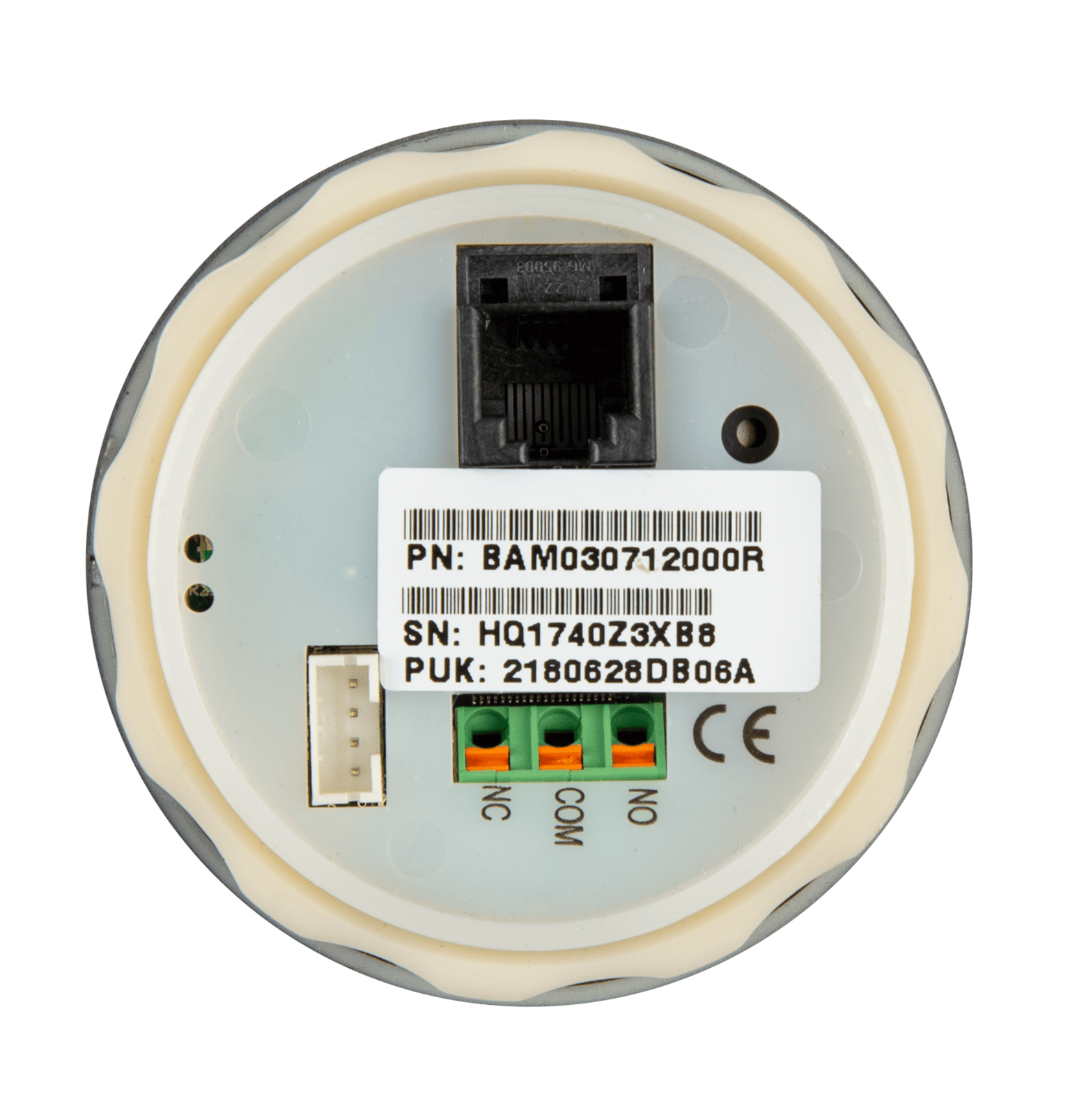 Rear view of the BMV-712 monitor showing RJ12 port, relay terminals, and product labels