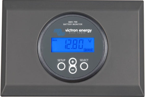 Victron BMV-700 battery monitor installed in the grey wall mount enclosure