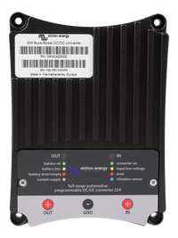 Front view of the 25A DC-DC converter showing terminal labels and detailed status panel