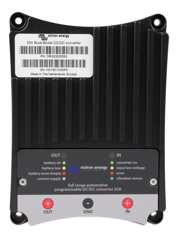 Front view of the 25A DC-DC converter showing terminal labels and detailed status panel