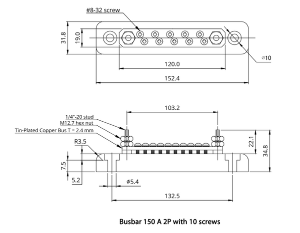 Technical dimensional drawing of the 150A 2P busbar with 10 screws showing measurements in mm