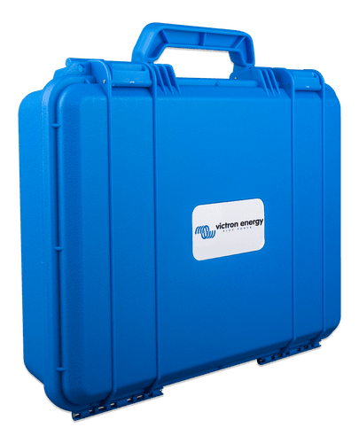 Angled side view of the blue Victron battery charger carry case