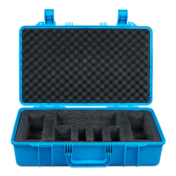 Internal view of the open carry case with custom-cut foam compartments
