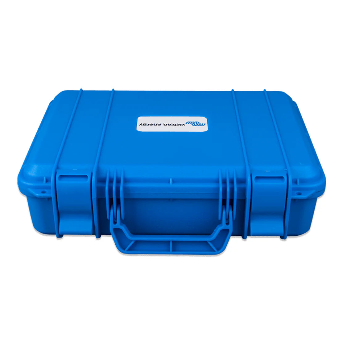 Top perspective view of the closed blue Victron carry case showing structural ribbing