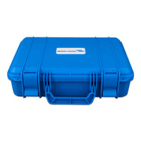 Top perspective view of the closed blue Victron carry case showing structural ribbing