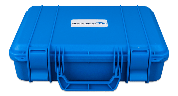 Top perspective view of the closed blue Victron carry case showing structural ribbing