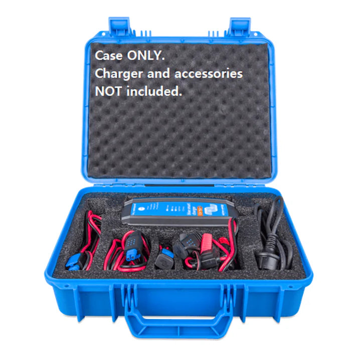 Open Victron carry case demonstrating charger and cable organisation with disclaimer text