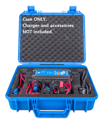 Open Victron carry case demonstrating charger and cable organisation with disclaimer text