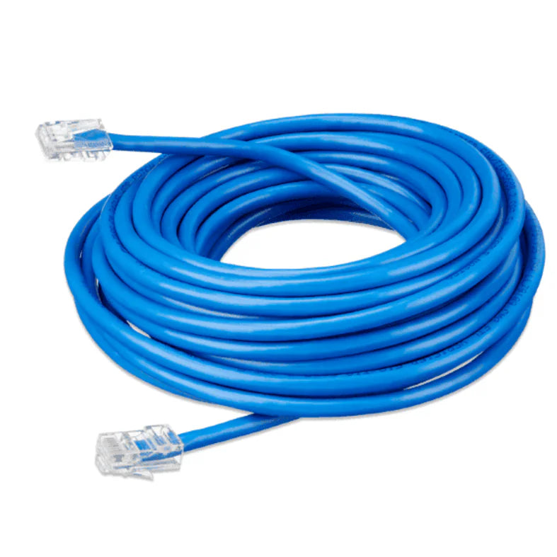 Coiled 20m blue Cat5e RJ45 UTP Ethernet patch cable with clear modular connectors