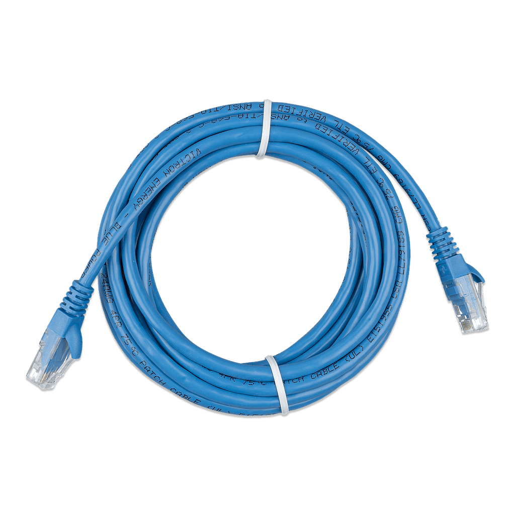 Coiled 5m blue Cat5e RJ45 UTP Ethernet patch cable with clear modular connectors