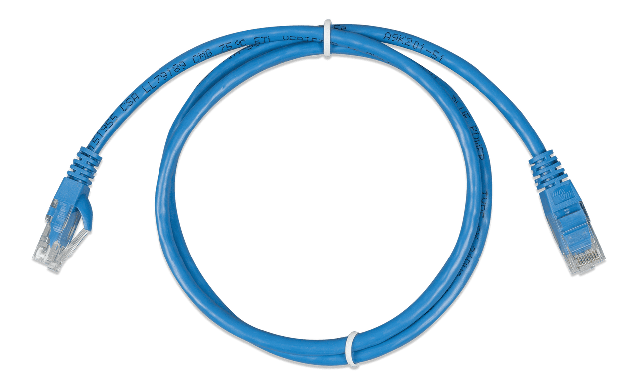Coiled 0.9m blue Cat5e RJ45 UTP Ethernet patch cable with clear modular connectors