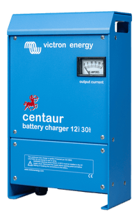 Side perspective of the Victron Centaur 12V 30A blue metal enclosure battery charger