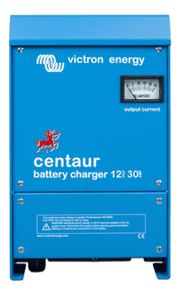 Front view of blue Victron Centaur 12V 30A battery charger with analogue ammeter