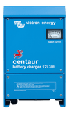 Front view of blue Victron Centaur 12V 30A battery charger with analogue ammeter