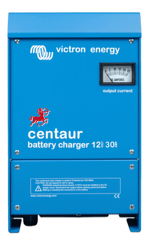 Front view of blue Victron Centaur 12V 30A battery charger with analogue ammeter