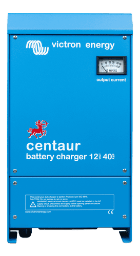 Victron Centaur 12V 40A battery charger in blue aluminium enclosure with analogue output current ammeter