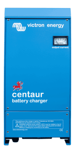Front view of blue battery charger with output current ammeter